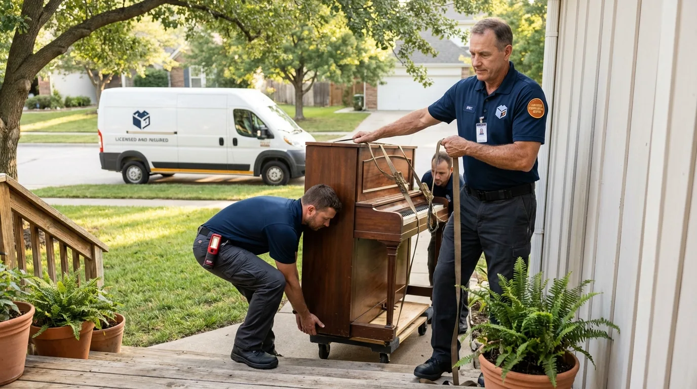 Licensed piano movers securing grand piano in Walnut, CA