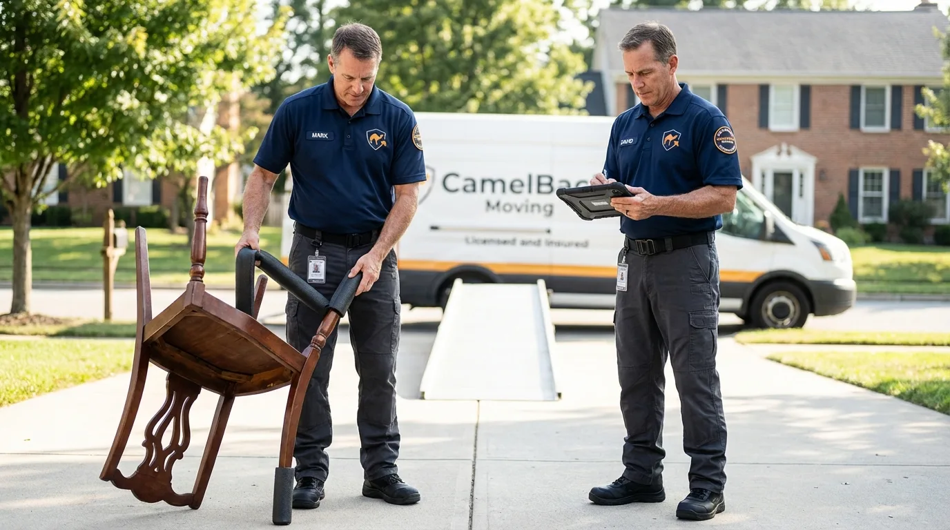 Movers inspecting furniture for damage prevention before loading in Walnut, CA