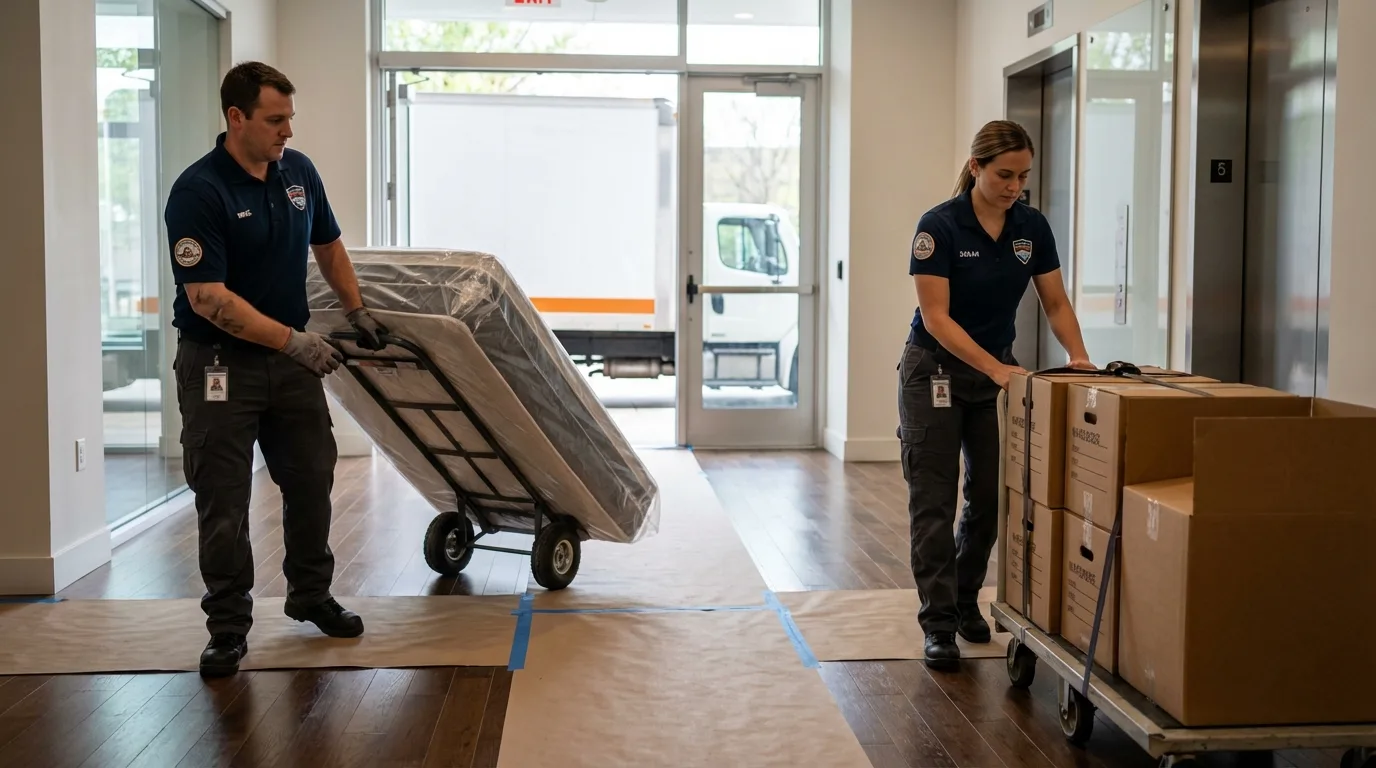 Professional apartment movers loading elevator in Walnut, CA